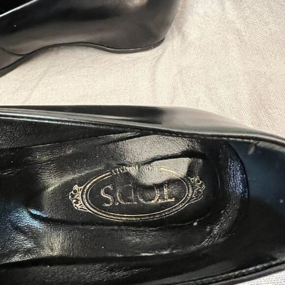 Tod's black patent leather shiny‎ gold metal buckle strap wedge Loafers size 39 - Picture 6 of 12